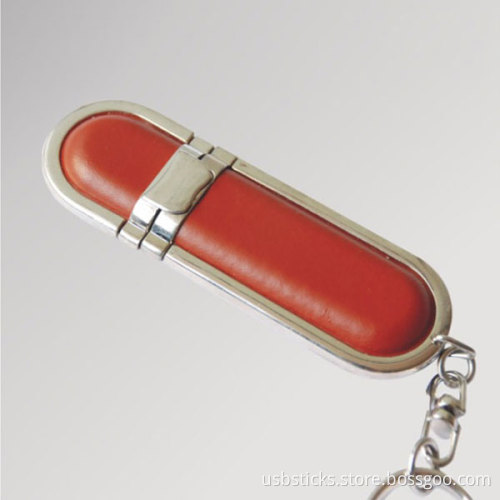 promotional leather usb memory stick with steel edges and key chain holder